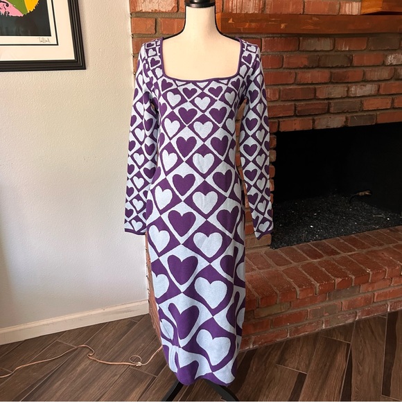 NWT FARM Rio x Anthropologie Geo Heart Knit Long Sleeve Midi Sweater Dress Sz L - Picture 3 of 12